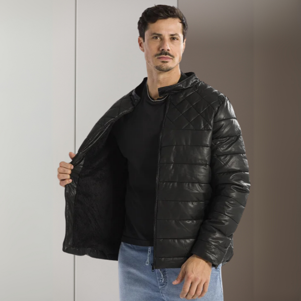 Jaqueta Couro Masculina Forrada Casaco Impermeável Peluciada Bolso Interno Peluciada Zíper Gola Alta