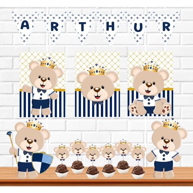 Ursinho Príncipe, Realeza menino Kit festa na mesa decoração infantil mimo personalizado aniversário e mesversário 01