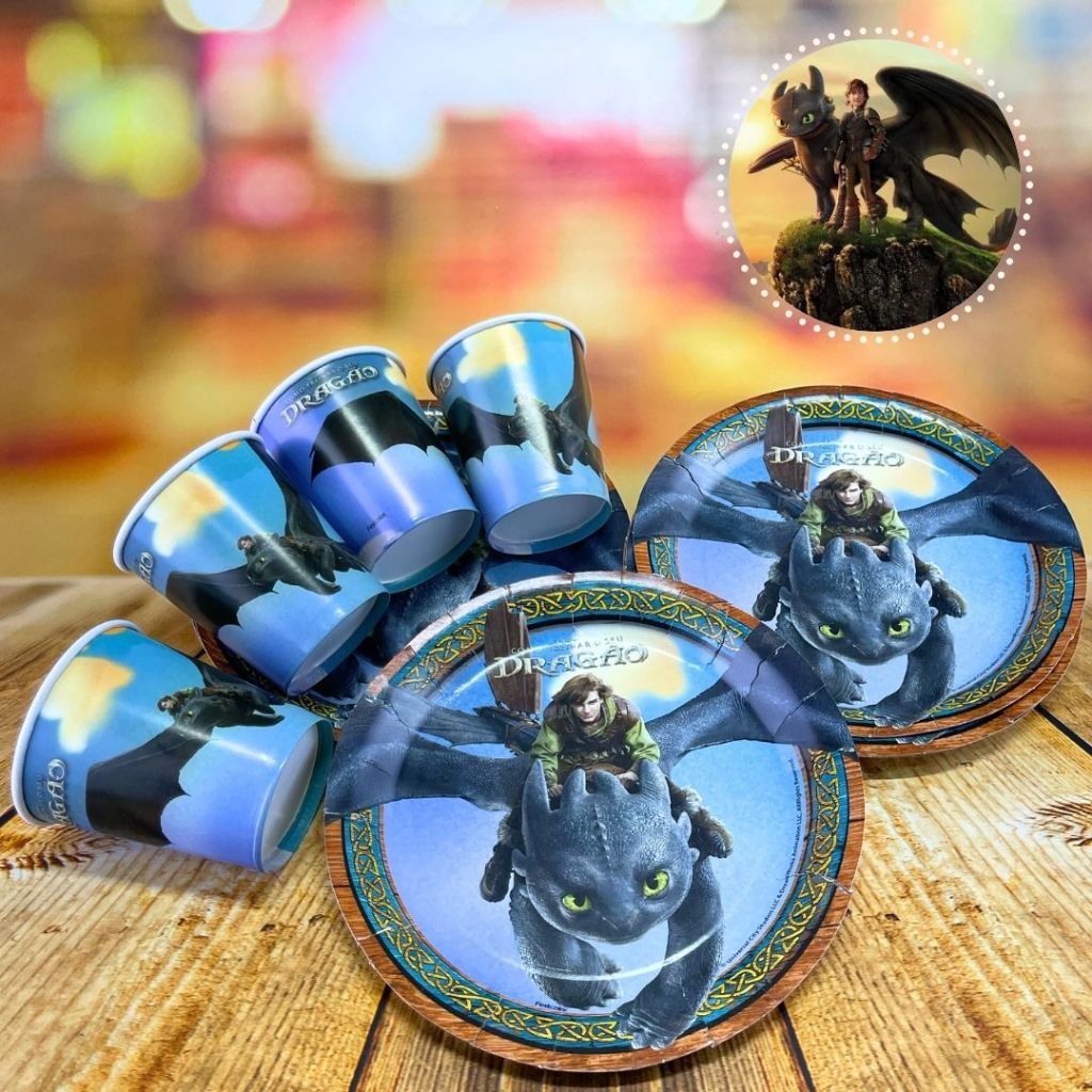 KIT FESTA COMO TREINAR SEU DRAGÃO 16 PRATOS + 16 COPOS DESCARTÁVEL 200 ML PAPEL - FESTCOLOR em Oferta na Shopee