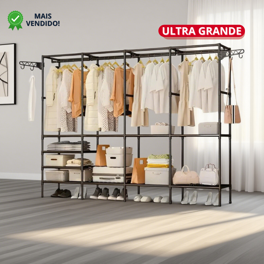 Arara Cabideiro Duplo com Prateleiras Organizador Multiuso Grande Guarda Roupa Portátil Multi em Oferta na Shopee