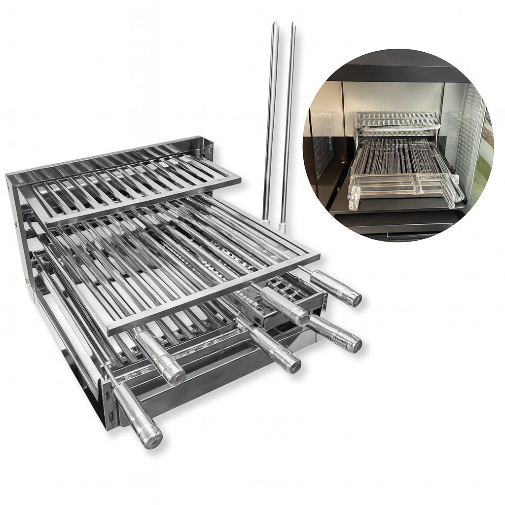Suporte Grill Para Churrasqueira e Bancada Gourmet Aço Inox Suspenso Com 7 Peças Reforçada