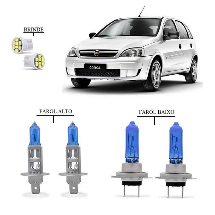Kit 2 Lampada H7 Farol baixo + 2 H1 Farol Alto Super Branca + 2 T10 8 leds Corsa Montana 2002 a 2012