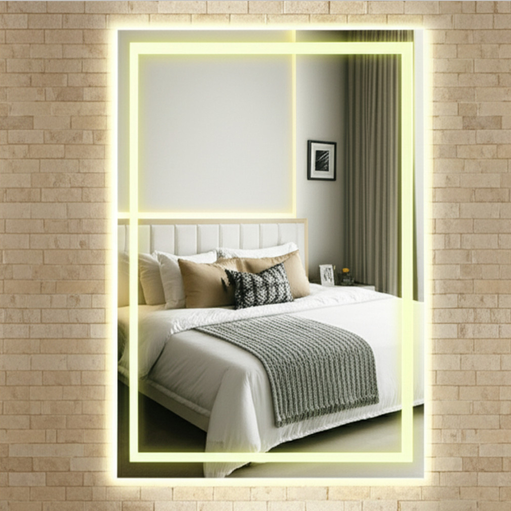Espelho Retangular 100x70 Jateado Touch Com Led 3 Cores Quarto Luxo Penteadeira Camarim Banheiro Iluminado
