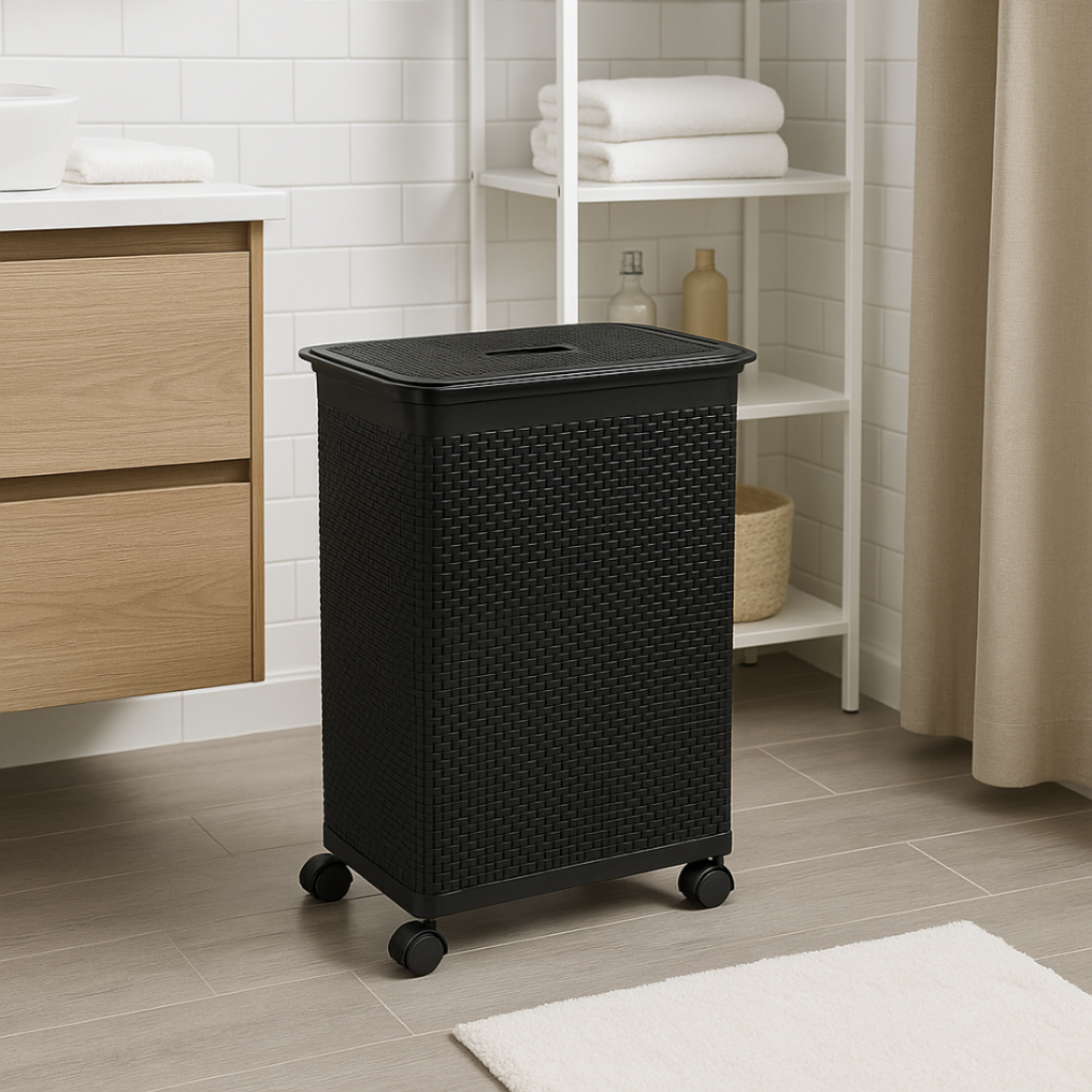 Cesto Rattan Niquelart 50 Litros Roupeiro com Tampa e Rodízios N625