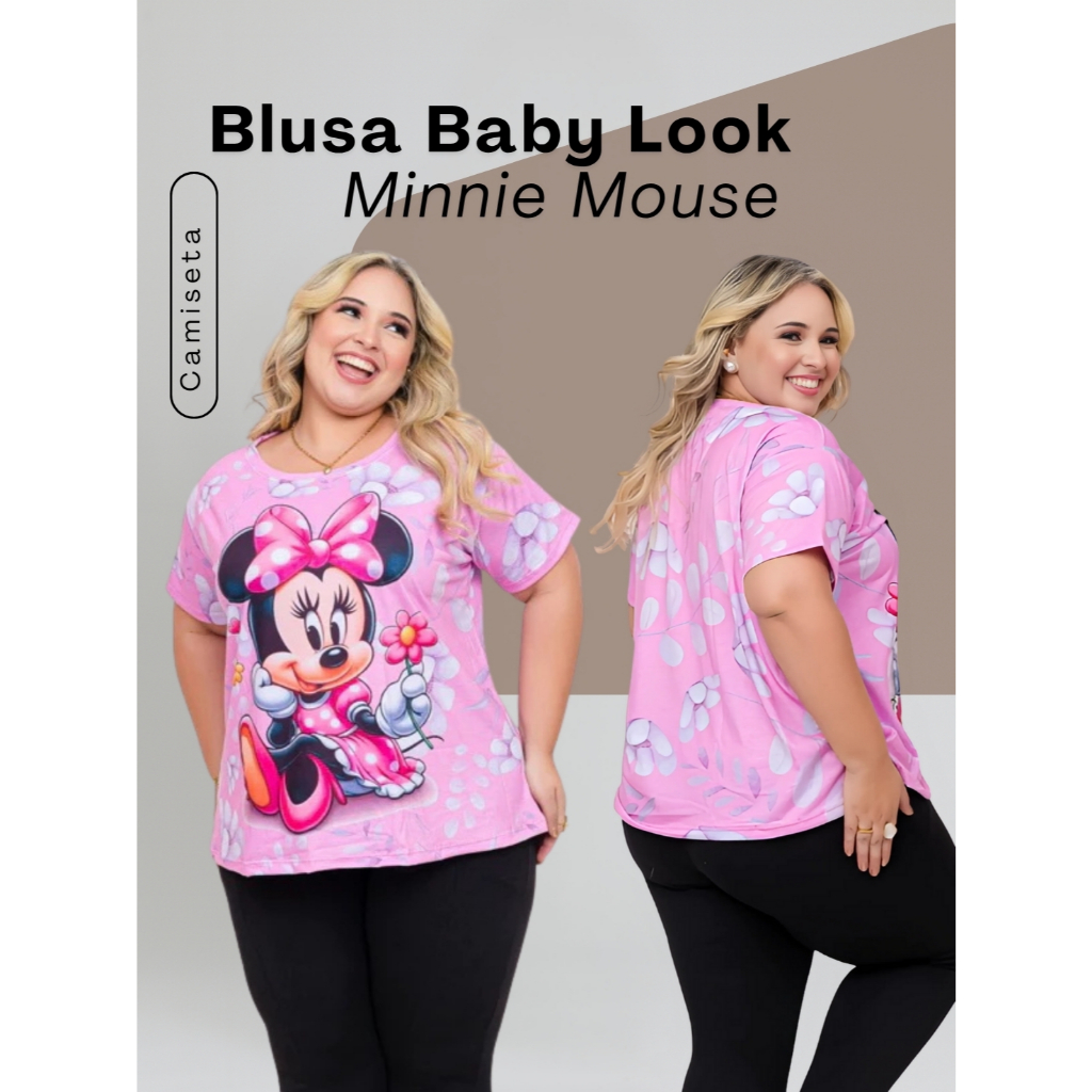 Blusa Feminina Plus Size Slim T-shirt Baby Look Minnie Mouse em Oferta na Shopee