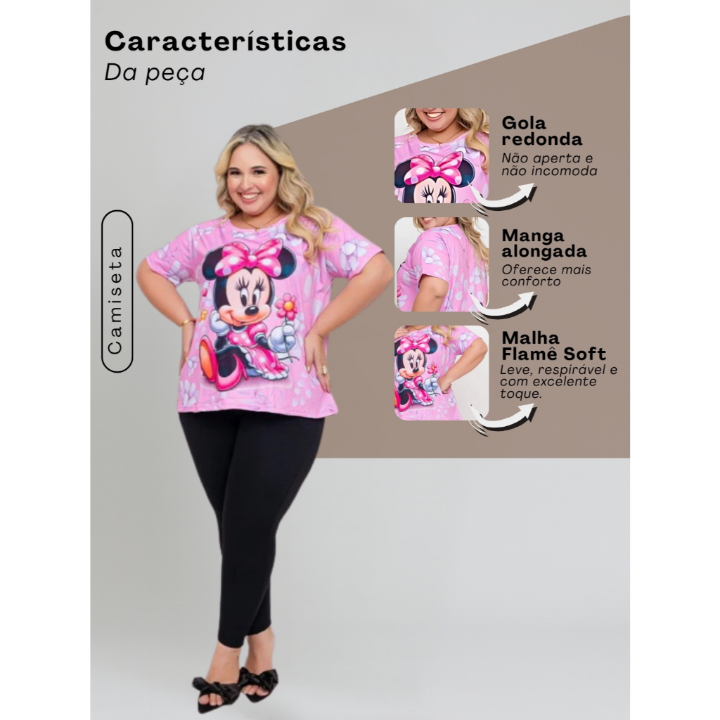 Blusa Feminina Plus Size Slim T-shirt Baby Look Minnie Mouse