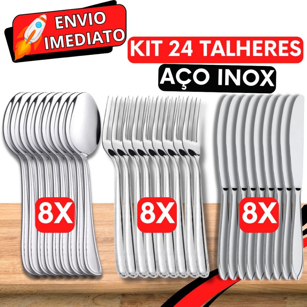 KIT Jogo de Talher 24 PEÇAS 8 Garfo 8 Colher 8 Faca Aço Inox Polido Resistente para Casa Cozinha Restaurante Buffet