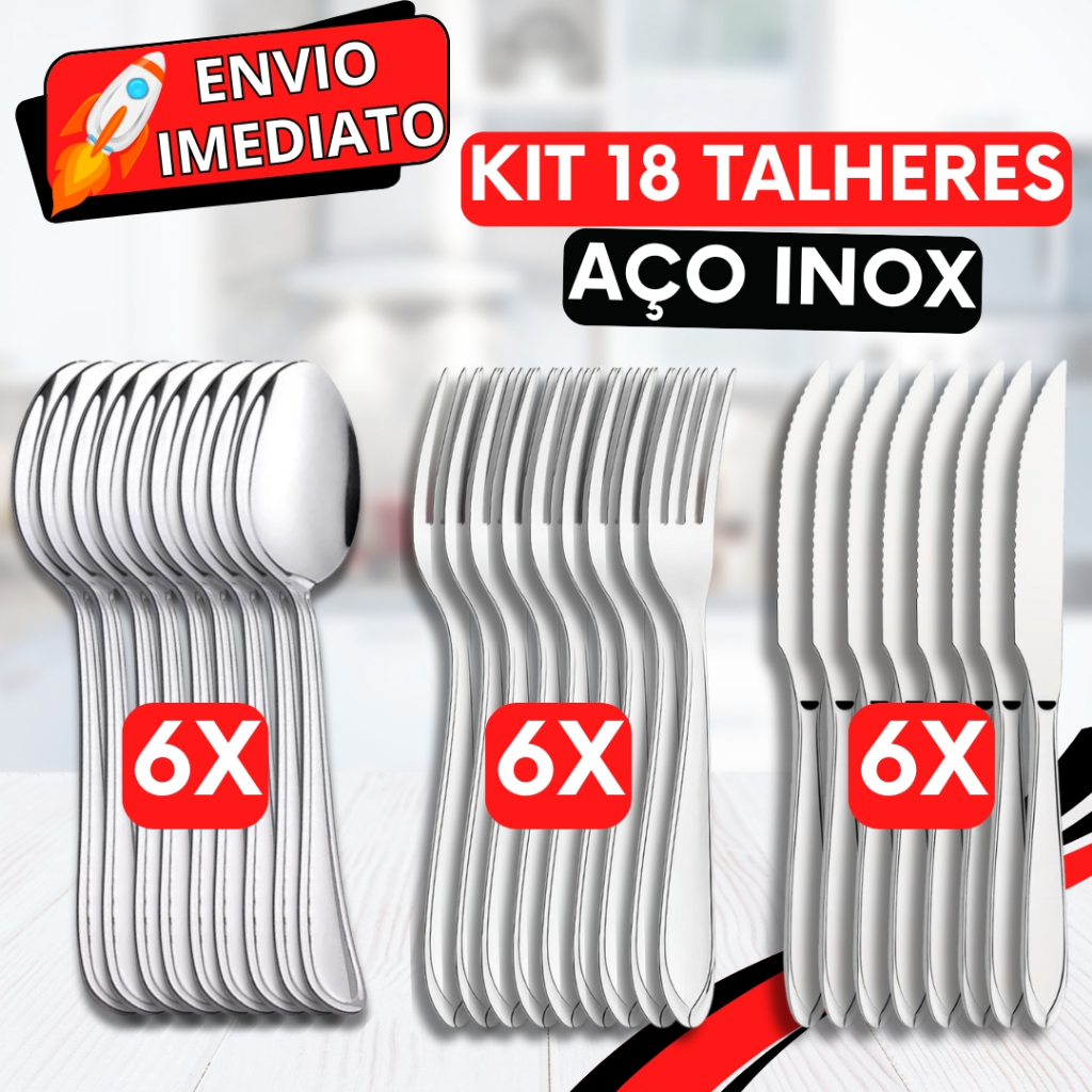 KIT Jogo de Talher 18 PEÇAS 6 Garfo 6 Colher 6 Faca Aço Inox Polido Resistente para Casa Cozinha Restaurante Buffet