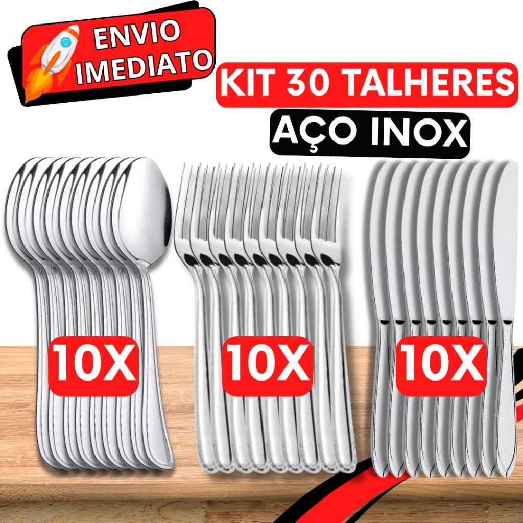 KIT Jogo de Talher 30 PEÇAS 10 Garfo 10 Colher 10 Faca Aço Inox Polido Resistente para Casa Cozinha Restaurante Buffet