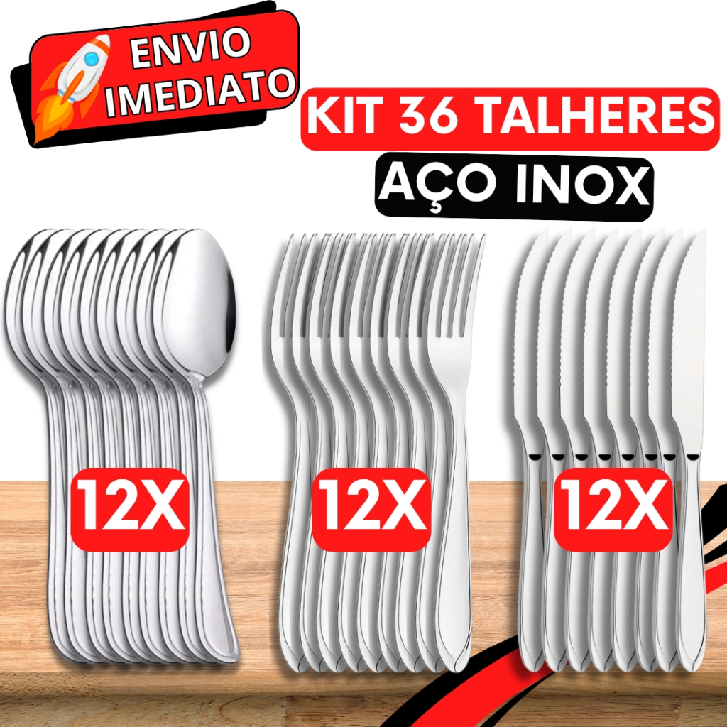 KIT Jogo de Talher 36 PEÇAS 12 Garfo 12 Colher 12 Faca Aço Inox Polido Resistente para Casa Cozinha Restaurante Buffet