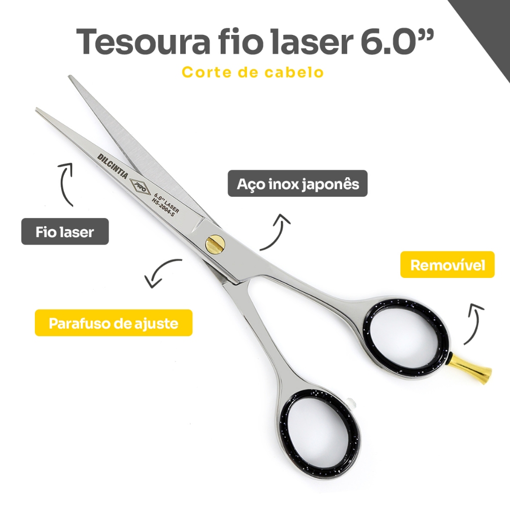 Tesoura Fio Laser Profissional para Cabelos 6.0 Aço Inox Japonês Dilcintia