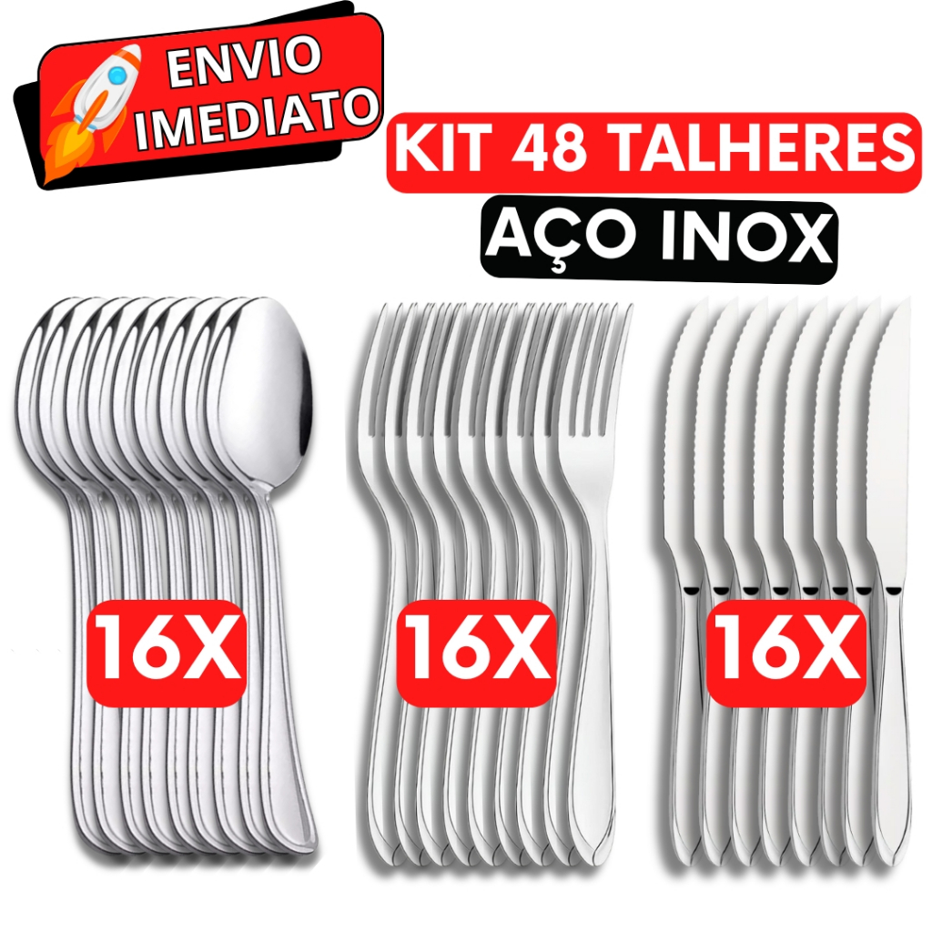 KIT Jogo de Talher 48 PEÇAS 16 Garfo 16 Colher 16 Faca Aço Inox Polido Resistente para Casa Cozinha Restaurante Buffet