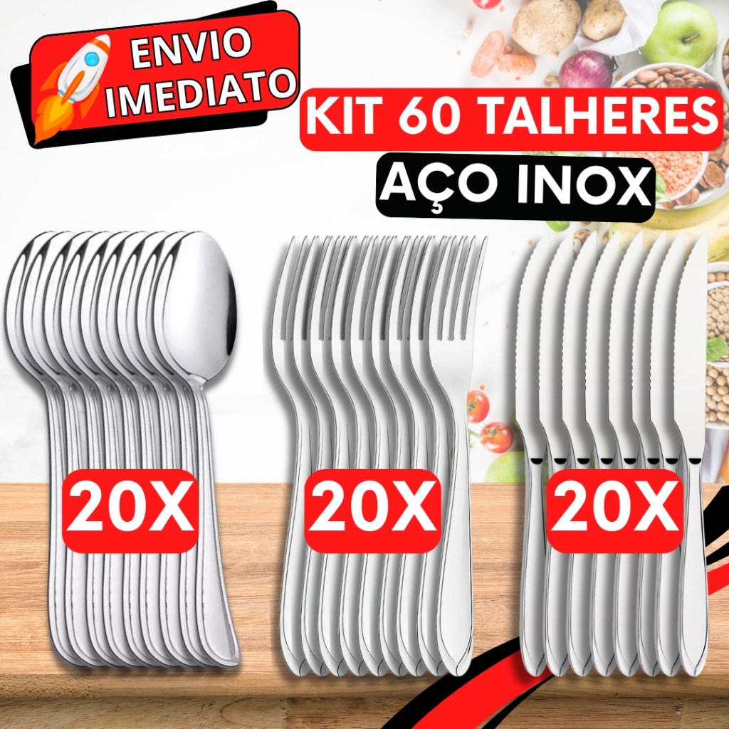 KIT Jogo de Talher 60 PEÇAS 20 Garfo 20 Colher 20 Faca Aço Inox Polido Resistente para Casa Cozinha Restaurante Buffet