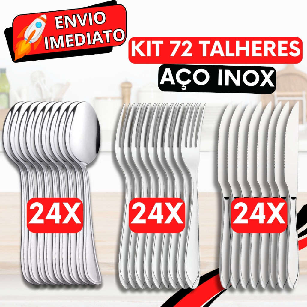KIT Jogo de Talher 72 PEÇAS 24 Garfo 24 Colher 24 Faca Aço Inox Polido Resistente para Casa Cozinha Restaurante Buffet
