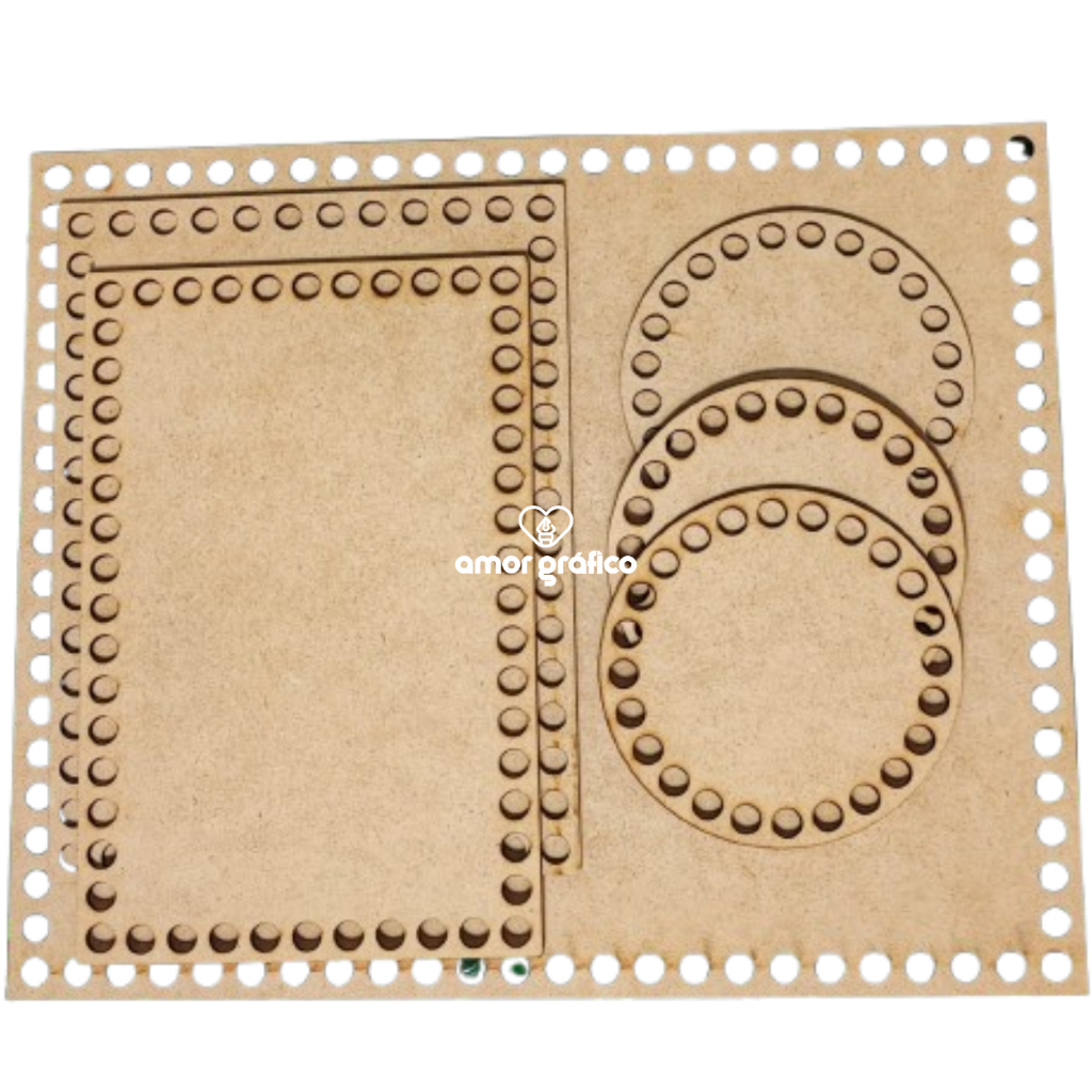 Kit Base MDF Crochê Fundo Bolsa Kit Higiene Bebê 6 Peças Fio de Malha Corte Laser