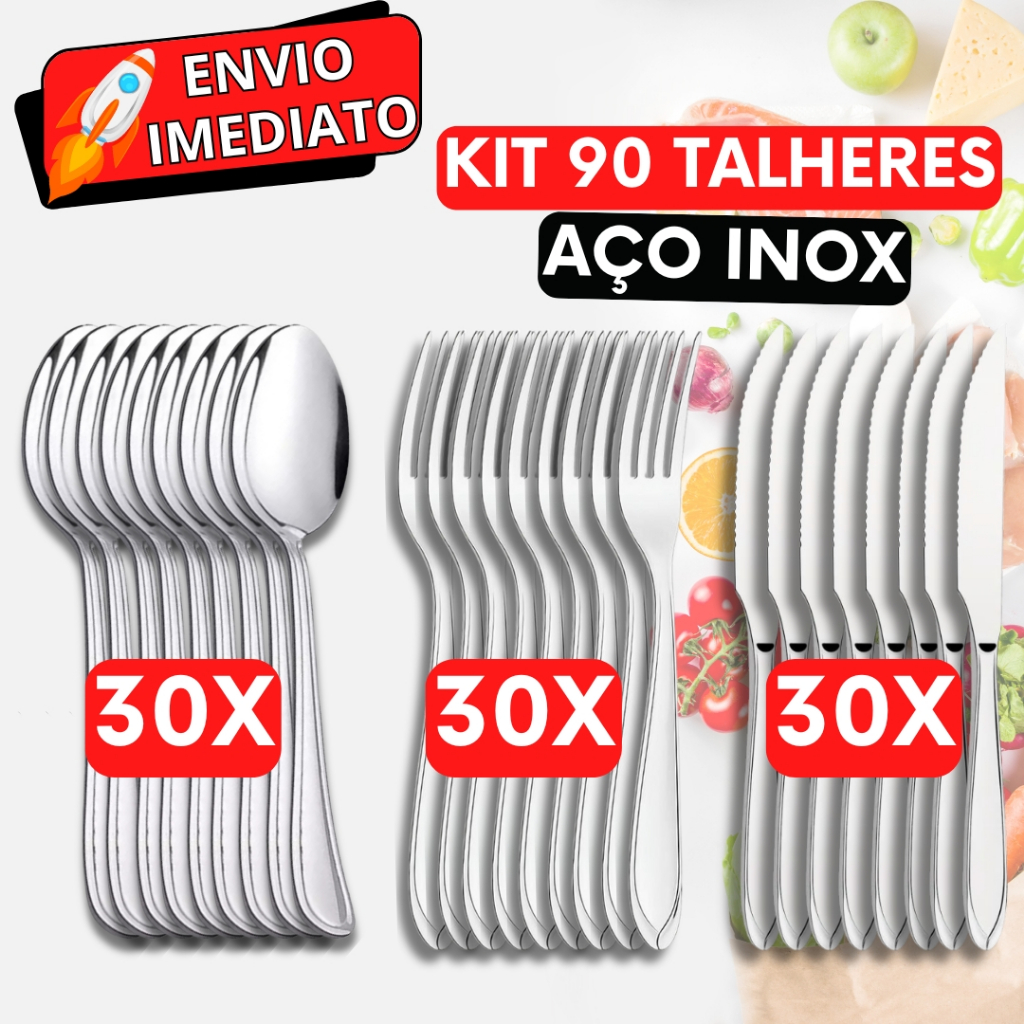KIT Jogo de Talher 90 PEÇAS 30 Garfo 30 Colher 30 Faca Aço Inox Polido Resistente para Casa Cozinha Restaurante Buffet