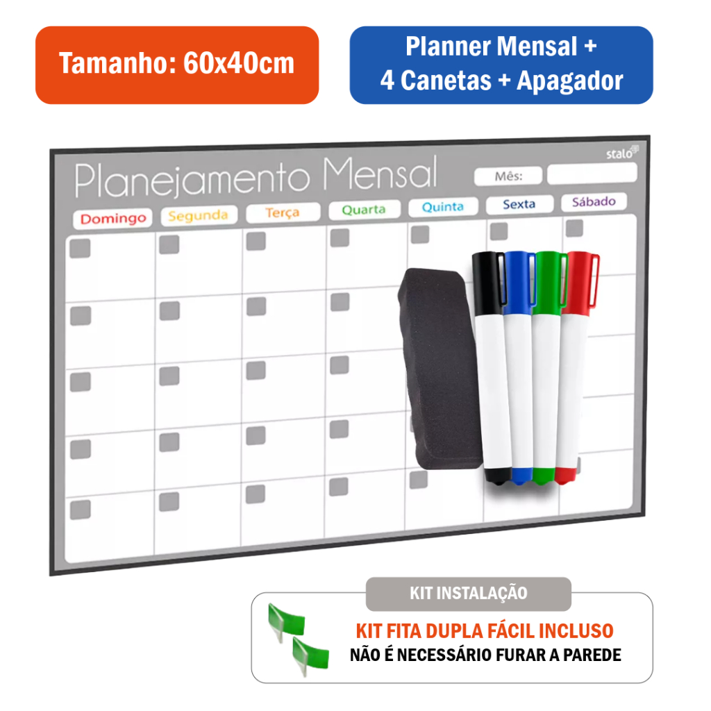 Planner Mensal 60x40cm Organizador de Rotina + 4 Canetas + Apagador + Kit Instalação Planner 2026 em Oferta na Shopee
