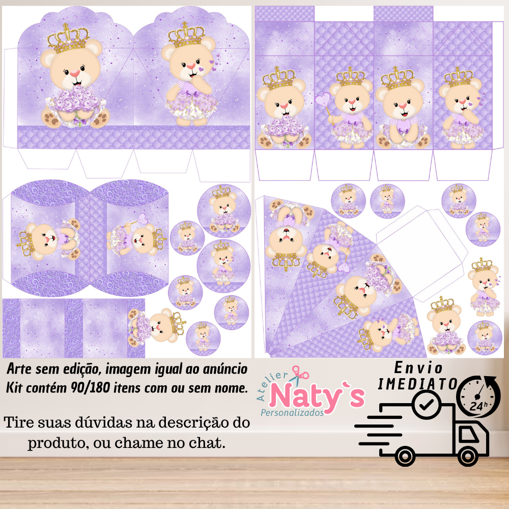 KIT COM 90/180 ITENS TEMA: URSA PRINCESA LILÁS LEMBRANCINHAS COM/SEM NOME - Envio 24H