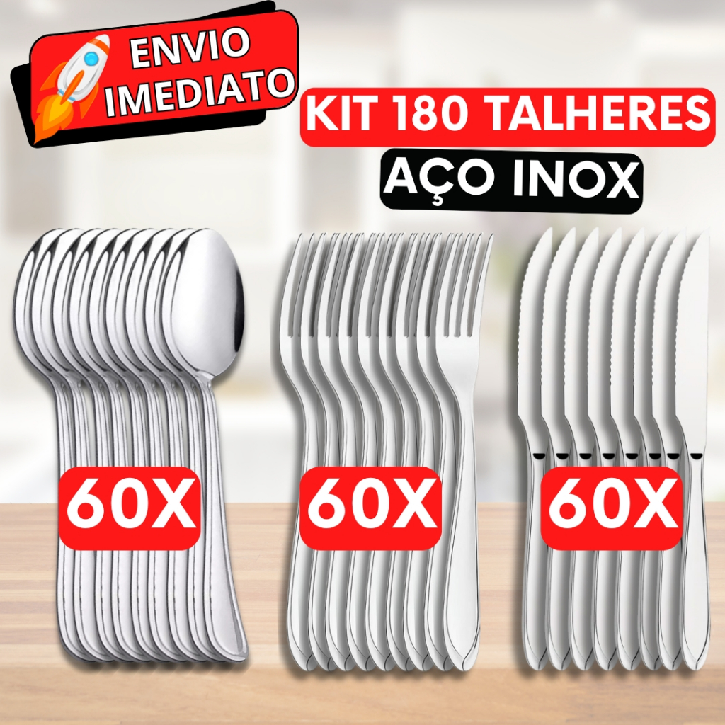 KIT Jogo de Talher 180 PEÇAS 60 Garfo 60 Colher 60 Faca Aço Inox Polido Resistente para Casa Cozinha Restaurante Buffet