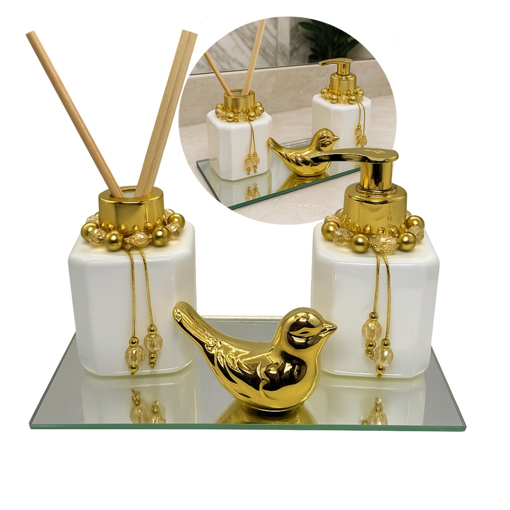 Kit Lavabo BIRD LUXO Cubo Pet Saboneteira e Difusor com Bandeja