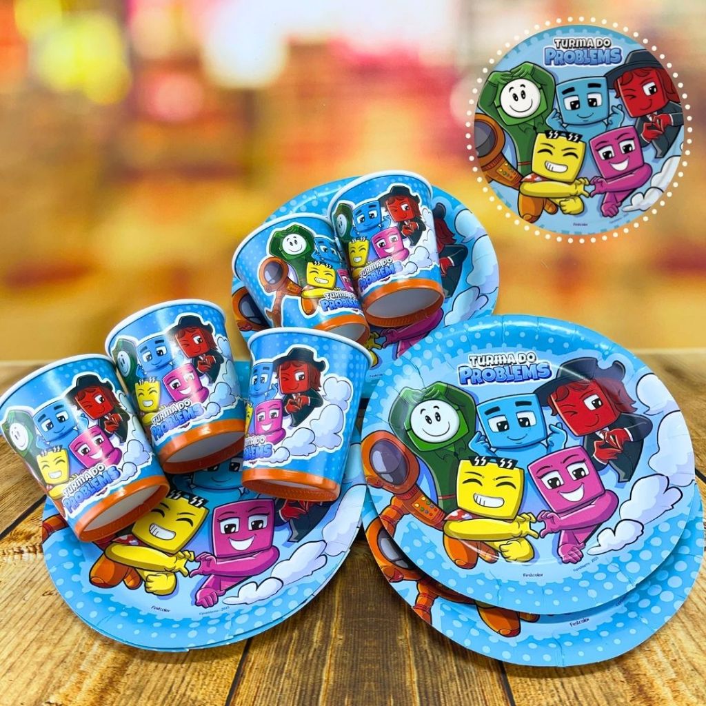KIT FESTA PROBLEMS 16 PRATOS + 16 COPOS DESCARTÁVEL 200 ML PAPEL - FESTCOLOR em Oferta na Shopee