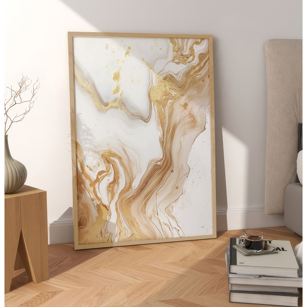 Quadro Decorativo Com Moldura Filete Sala De Jantar Quarto Escritório Abstrato Golden River Liquify