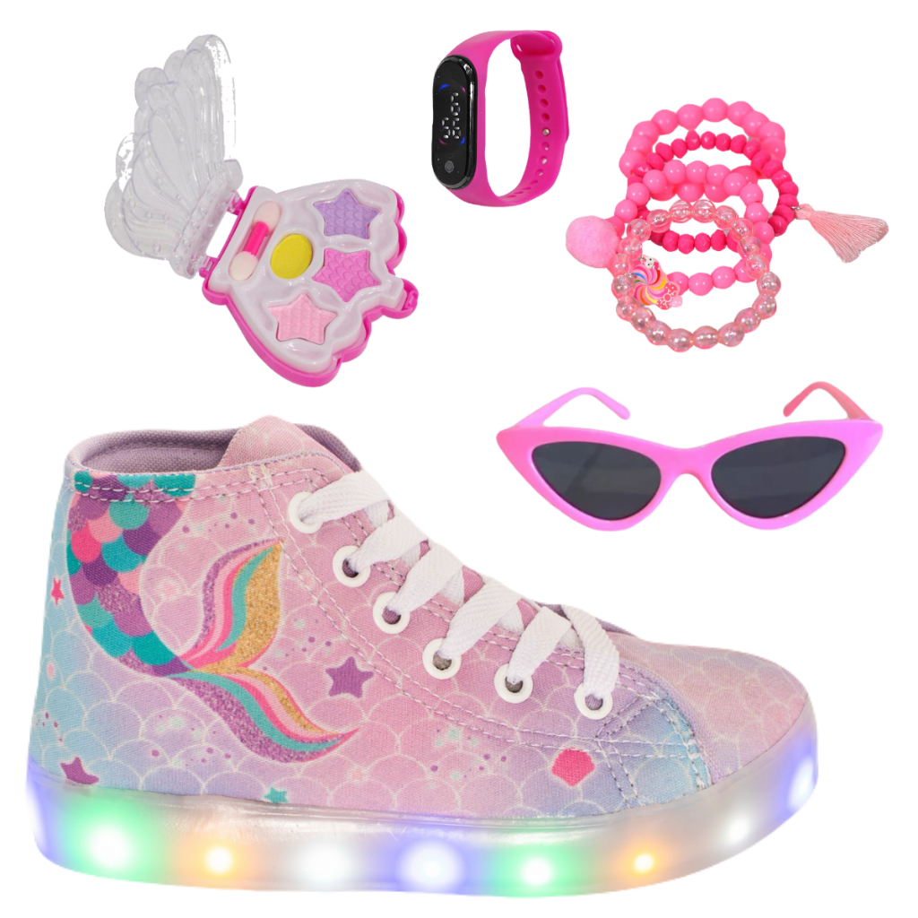 Tênis Infantil Led Feminino Sereia Cano Alto Botinha + Óculos Relógio Pulseira Paleta em Oferta na Shopee