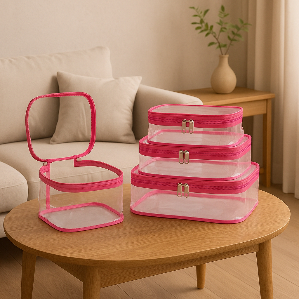 Kit 3 nécessaires organizadoras cristal várias cores higiene viagem utilidades - ENVIO IMEDIATO