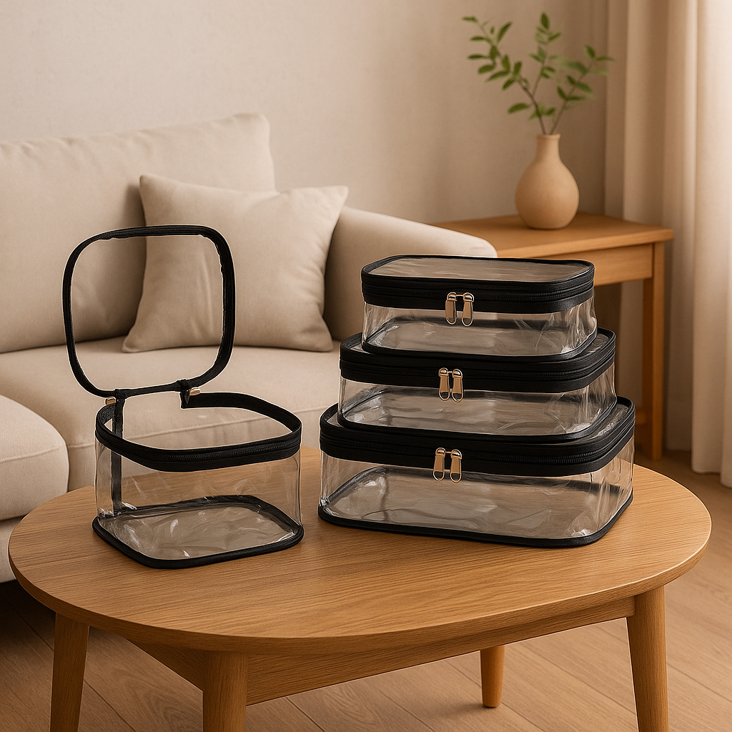 Imagem kit 3 Nécessaires cristal organizadora kit higiene kit maquiagem  kit viagem avião