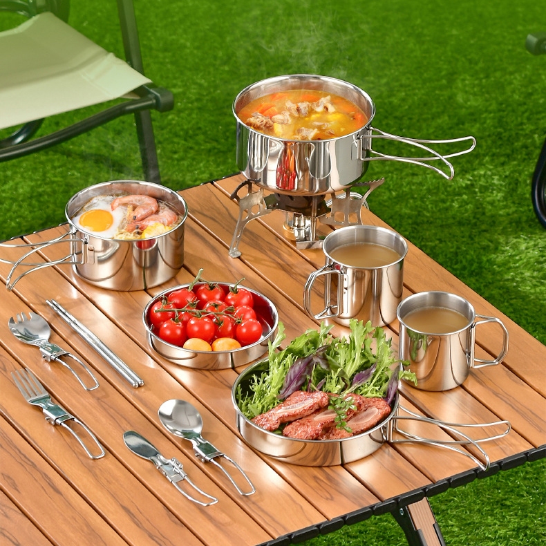 Kit de Panelas Aço Inox Compacto-Portátil para Camping Trekking E Pesca Completo com Canecas