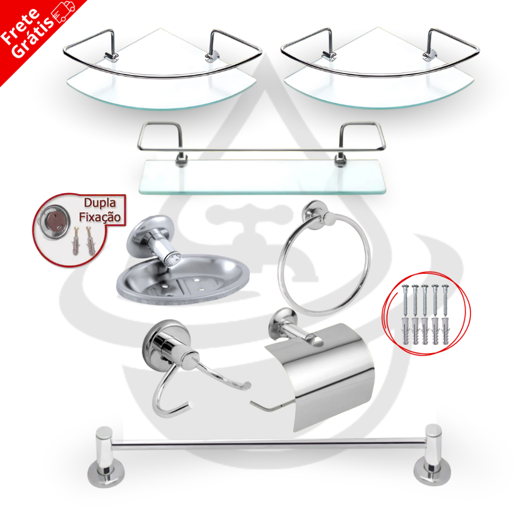 Kit Acessórios Banheiro 5 Peças Inox + 2 Porta Shampoo Canto Cantoneira + 1 Porta Shampoo Reto Vidro em Oferta na Shopee