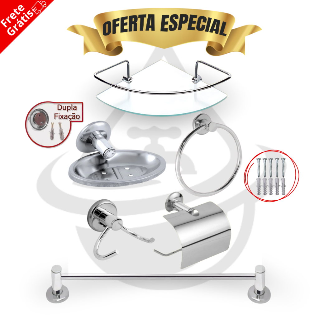 Kit Acessórios 5 Peças Banheiro Inox + Porta Shampoo Prateleira Suporte Canto Cantoneira Vidro Incolor Box