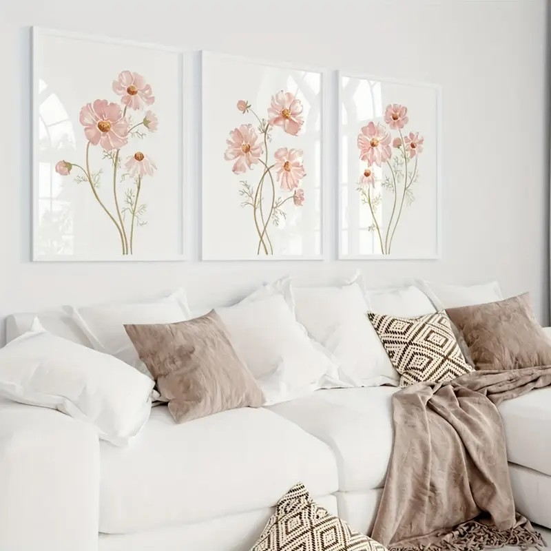 Kit Quadro Decorativo 3 Peças Flores Selvagens Decoração Quarto de Menina Sala