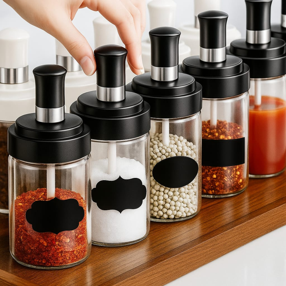 Kit 12 Pote De Vidro Com Tampa Colher Porta Condimento Tempero Cozinha Organizador Etiqueta Sal Pimenta Açúcar
