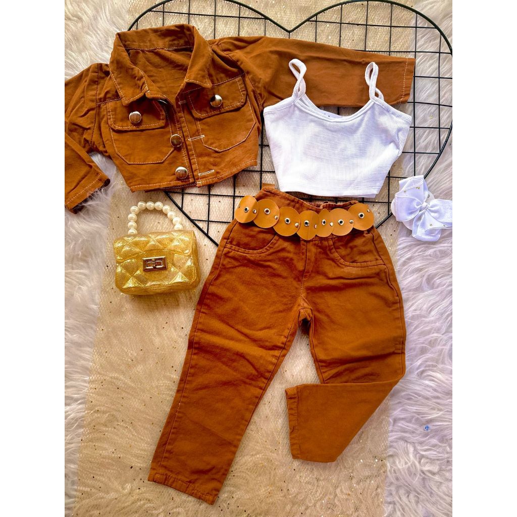 Roupa infantil menina blogueirinha Conjunto jaqueta 4 peças em Oferta na Shopee