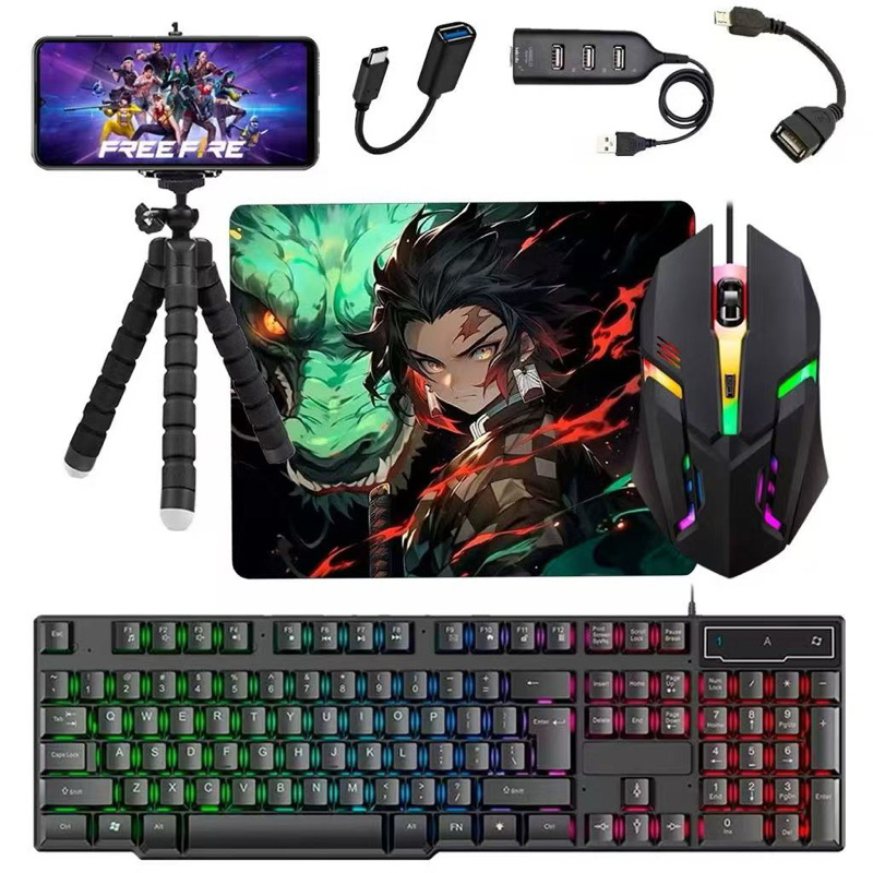 Kit Mobilador Completo 6 itens Teclado Mouse Gamer Rgb Mouse Pad Hub Tripe Otg Micro e Tipo c