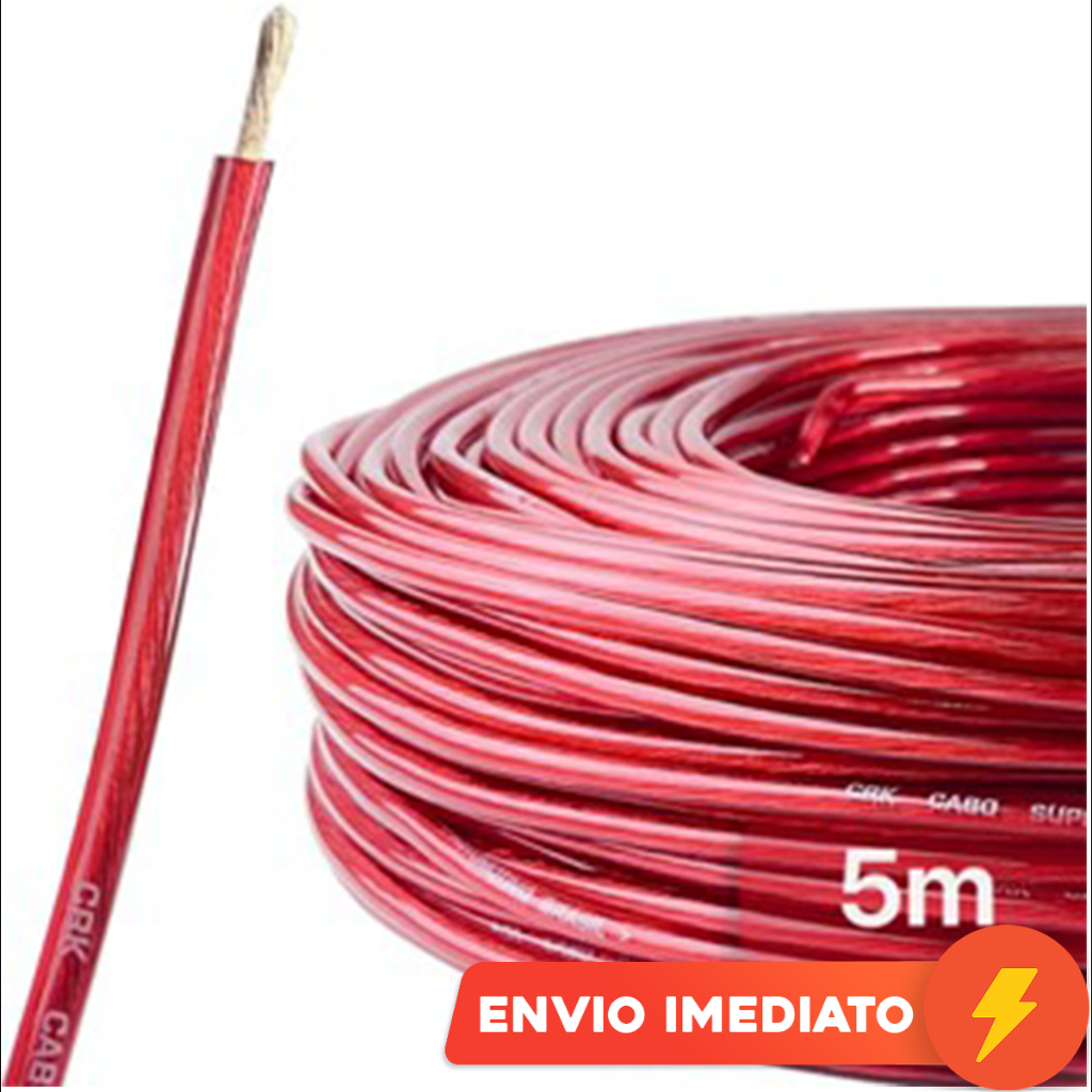Cabo Bateria 16mm 5 Metros 100% Puro Cobre Fio Alimentação Som Automotivo Alta Carga Módulo Força