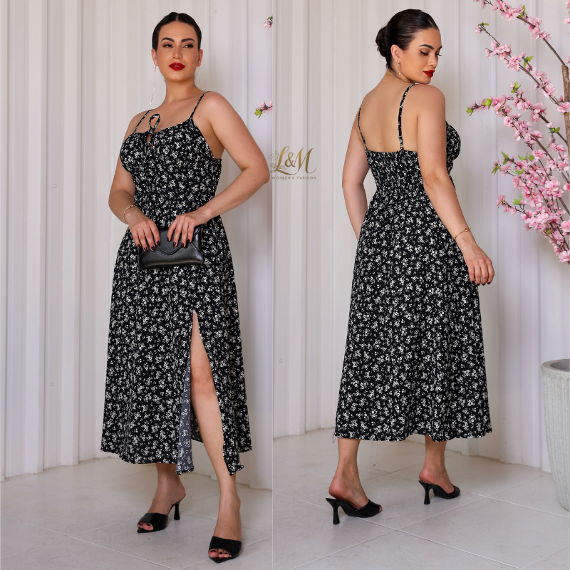 VESTIDO FEMININO MÍDI ROMANTICO ESTAMPA FLORAL COM ALÇA E ELASTEX TEM BOJO FORRO