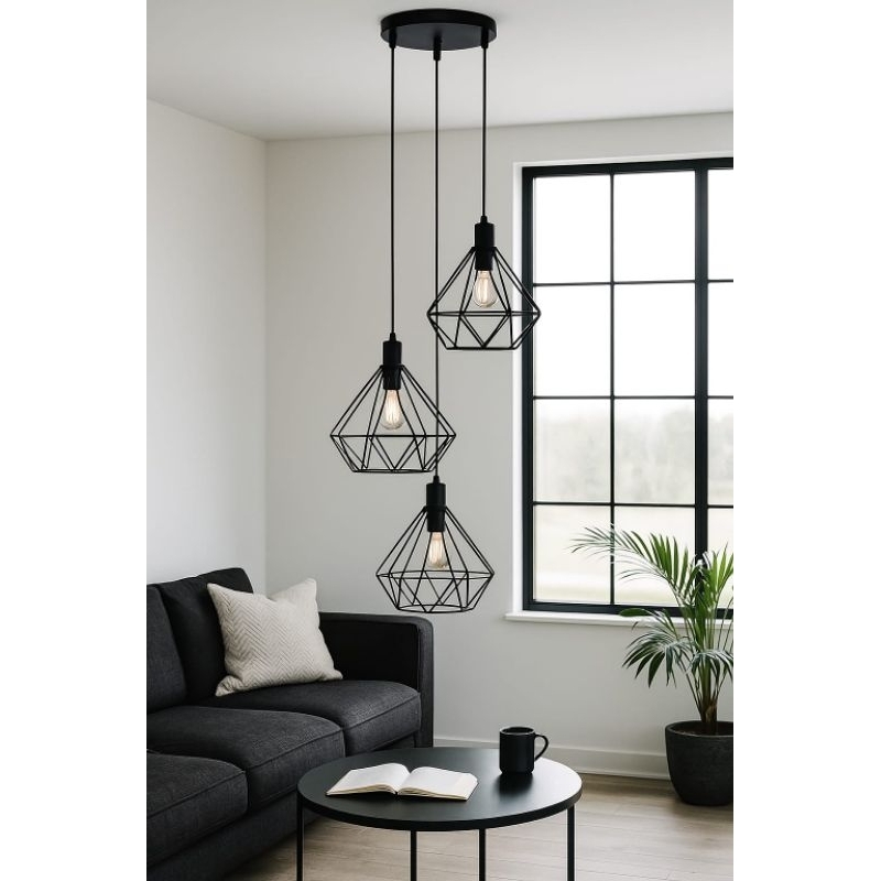 Pendente Lustre Triplo preto aramado Moderno Decoração Canopla Unica