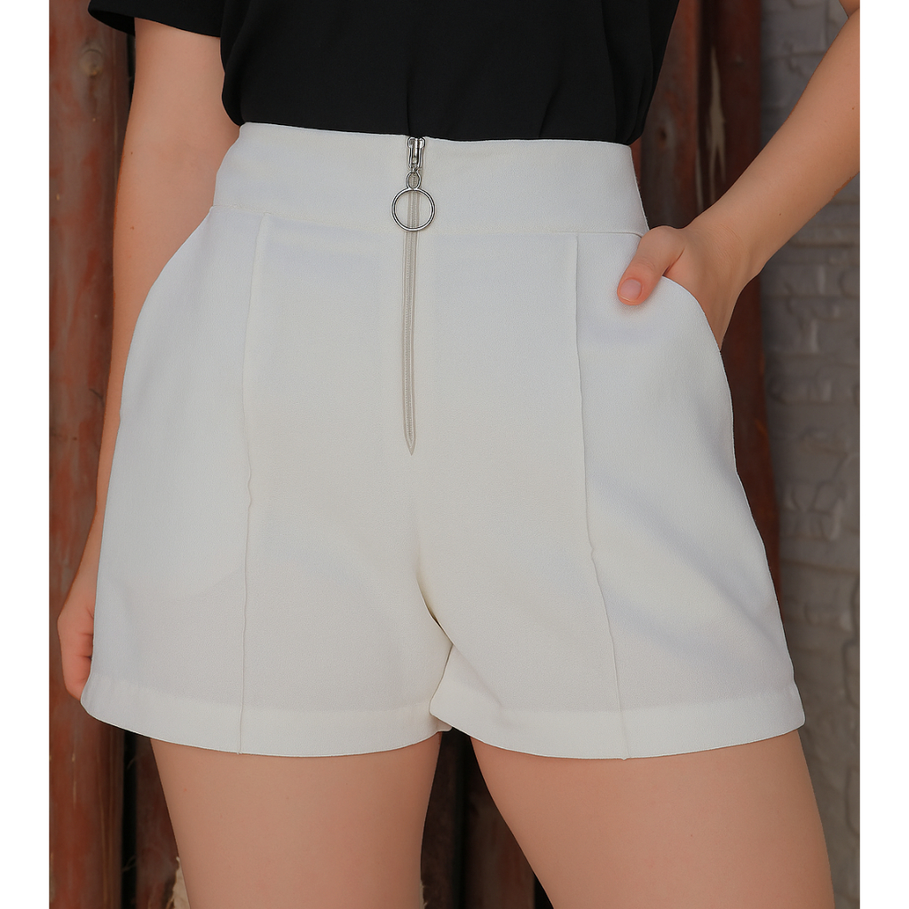 Short Feminino Cintura Alta Zíper Frontal – Estilo Alfaiataria em Oferta na Shopee