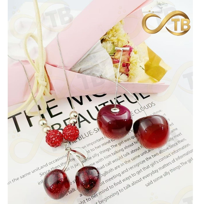 TB Moda Conjunto feminino de brincos de cereja vermelha colar  joias em formato frutas