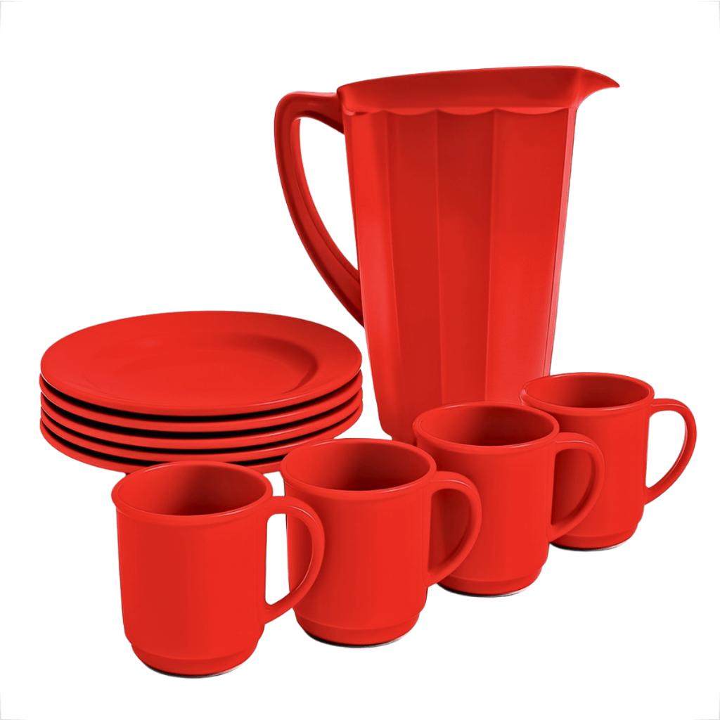 Kit 1 Jarras 1,7L + 4 Pratos Plásticos Fundo + 4 Canecas 400ML Reutilizáveis P/ Escolas e Creches em Oferta na Shopee
