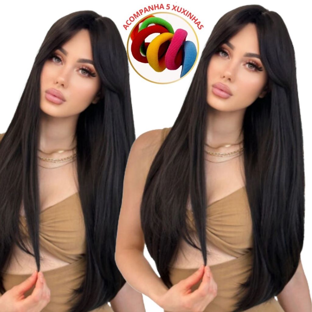 Peruca Lace Lisa Feminina com Franja Fibra Futura Preto Natural 70cm