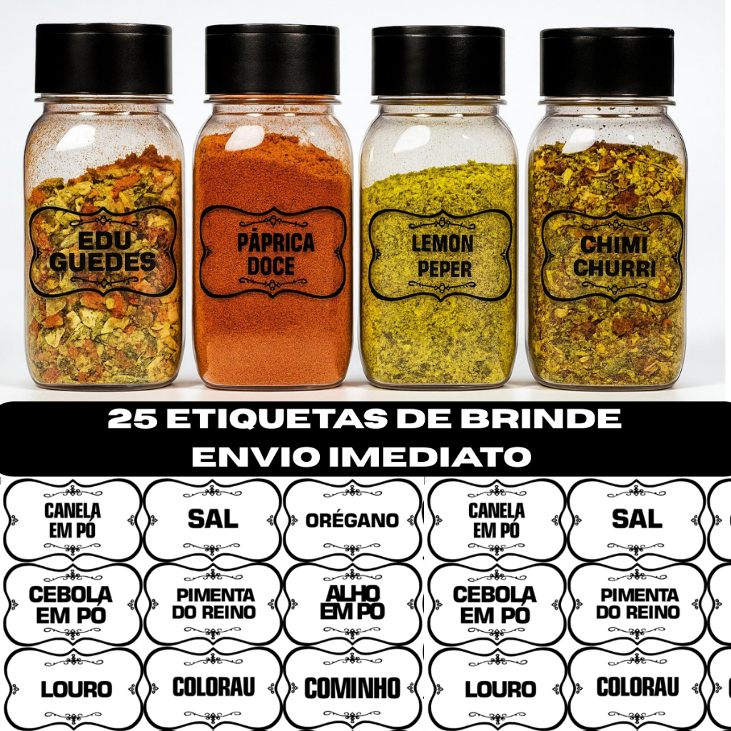 Porta Pote de Tempero + ETIQUETA Premium 200ml Cozinha com Tampa Dosadora Dupla Envio Imediato