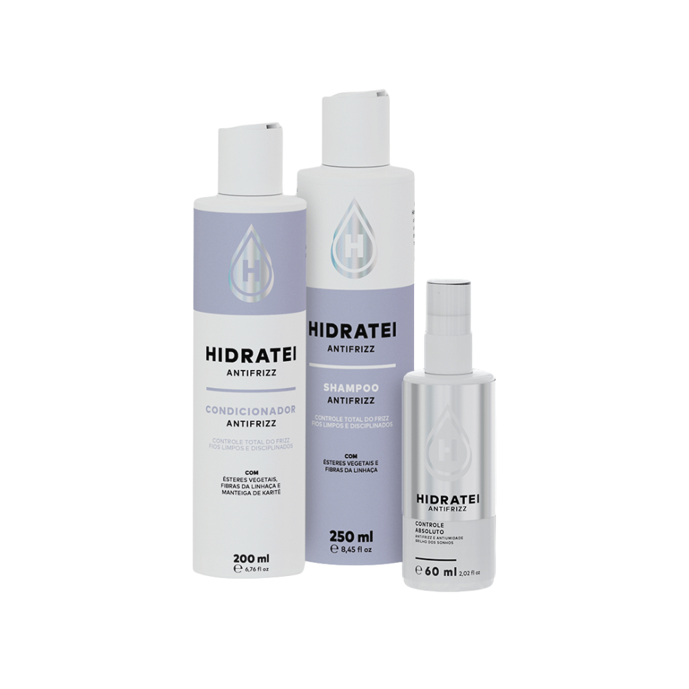 Kit Essencial Antifrizz Hidratei: Shampoo + Condicionador + Controle Absoluto - Beauty