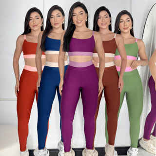 Conjunto Fitness Academia Feminino Bicolor Calça Legging e Top Alça Zero Transparência