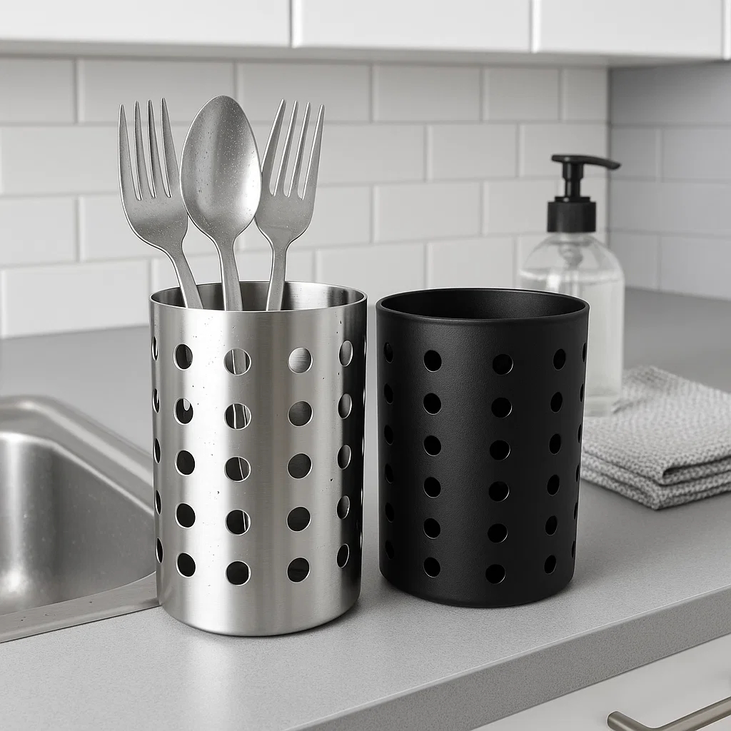 Porta Talher Escorredor de Inox Redondo Vazado Premium em Oferta na Shopee