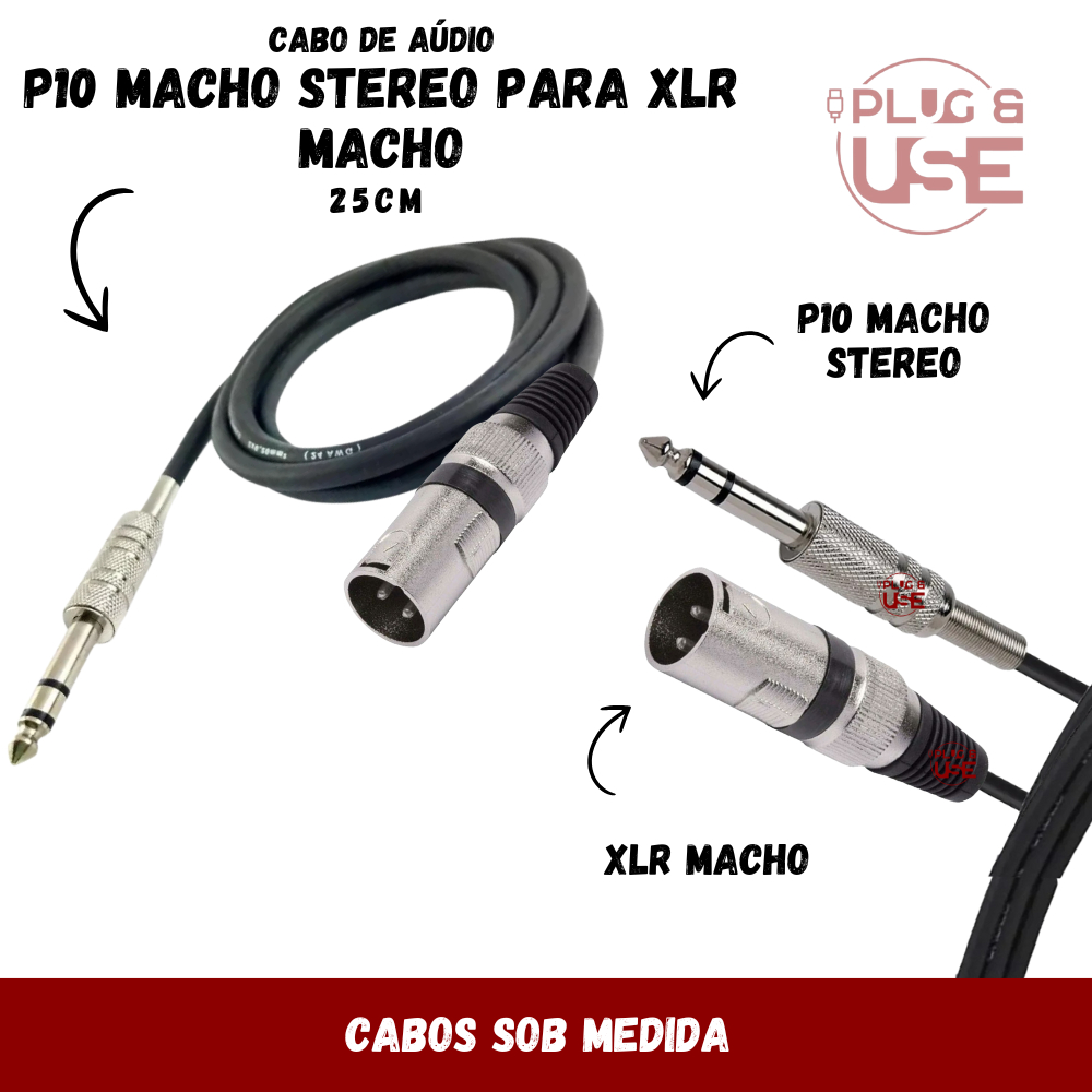 Cabo de Áudio Profissional P10 Estéreo para XLR macho 25cm – Alta Qualidade Áudio Balanceado Sem Ruídos