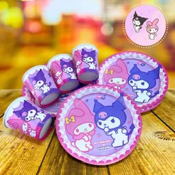 KIT FESTA MY MELODY E KUROMI 16 PRATOS + 16 COPOS DESCARTÁVEL 200 ML PAPEL - FESTCOLOR (CHOCO)