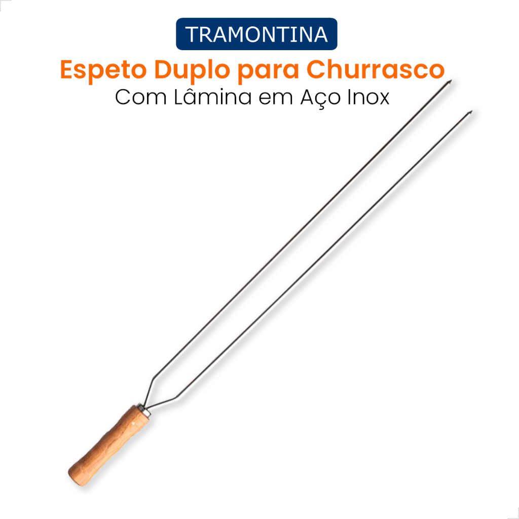 Espeto Duplo 85cm Churrasco Tramontina Lamina Aço Inox Cabo de Madeira Natural Resistente à ferrugem em Oferta na Shopee